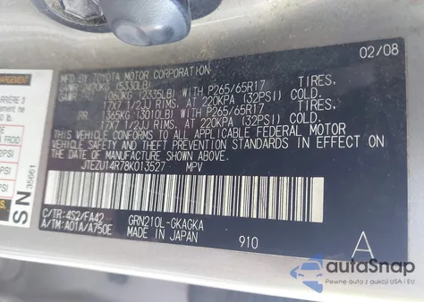 2008 Toyota 4Runner Sr5 V6 из США, поврежденный, VIN JTEZU14R78K013527